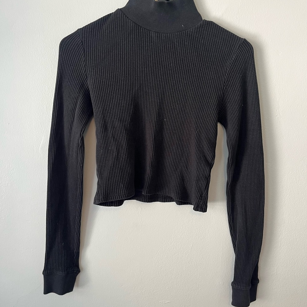 BDG Black Ribbed Long Sleeve Cropped Shirt
